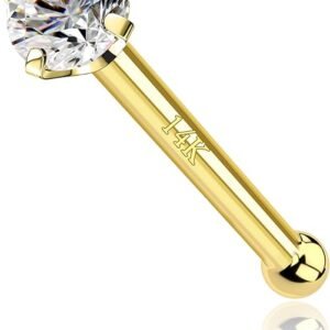 14K Solid Gold Bone L Bend Nose Stud 22g 18g 20g 1.5mm 2mm 3mm CZ Yellow Gold Nose Ring Stud Press Fit Nose Pin S Screw