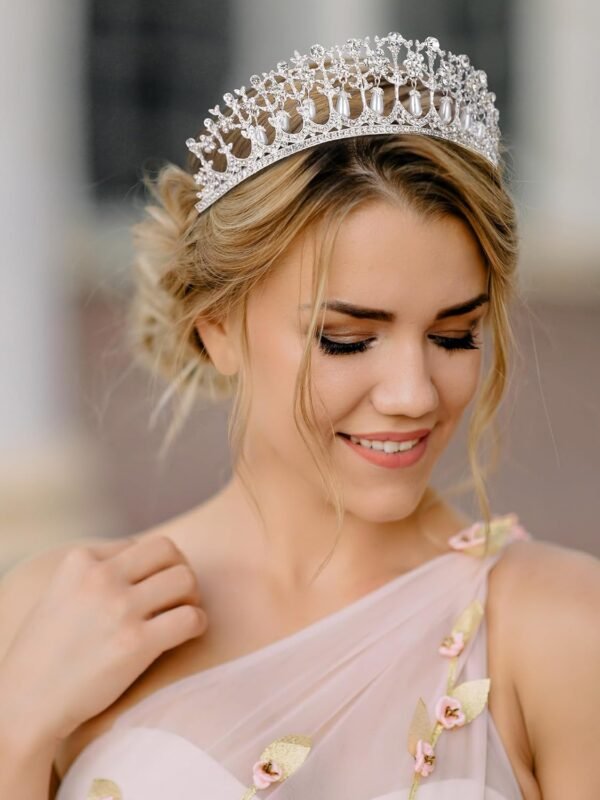 SWEETV Princess Diana Tiara for Women, Silver Pearl Wedding Crown for Bride, Rhinestone Costume Accessories for Birthday Party Prom - Image 3