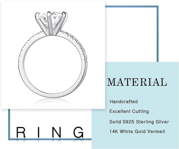 Engagement Rings for Women, Brilliant D Color VVS1 Clarity Lab Created Rings S925 Sterling Silver 14K White Gold Vermeil 6 Claw Moissanite Rings for Women Jewelry Gifts - Image 4