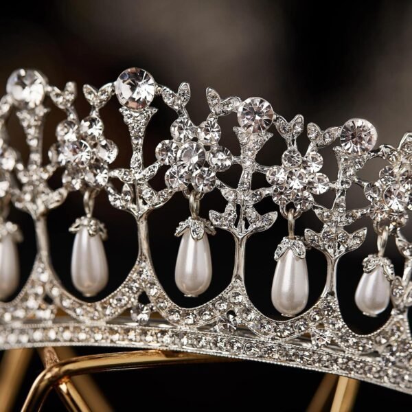 SWEETV Princess Diana Tiara for Women, Silver Pearl Wedding Crown for Bride, Rhinestone Costume Accessories for Birthday Party Prom - Image 5
