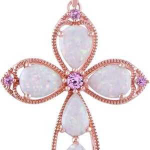 Womens Rose 14K Gold over Sterling Silver Created Opal with Created Pink Sapphire Cross Pendant Necklace, 18"